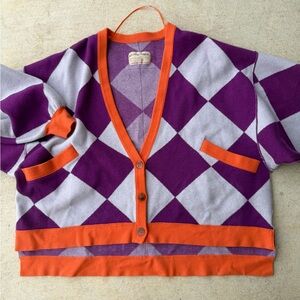 We The Free Manny Cardi Purple and Orange Argyle Cardigan